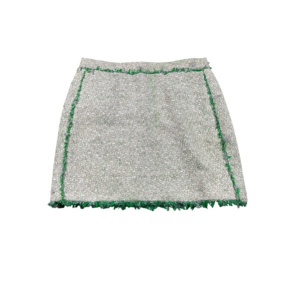 J. Crew Dresses & Skirts - J.Crew Boucle Tweed Mini Skirt Size 4 Ivory Green Fringe Preppy Coastal Chic